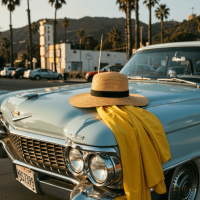 modèle : mystique
Prompt : Gros plan d’un foulard rétro jaune et d’un chapeau de soleil posés sur le capot d’une Cadillac pastel, garée devant un ancien studio hollywoodien. Des palmiers projettent de douces ombres sur le béton, capturant l’immobilité dorée de l’heure dorée.