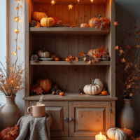 Modèle : Mystique
Prompt : Une bibliothèque rustique en bois avec des étagères complètement vides — sans livres ni objets à l’intérieur. Les planches sont propres, simples, faites de bois naturel vieilli avec un aspect légèrement patiné. Autour de la base de la bibliothèque et sur le sol devant elle, de sobres décorations automnales sont disposées : de petites citrouilles dans des tons orangés et blancs atténués, des feuilles d’érable séchées aux riches teintes rouges et dorées, des pommes de pin et quelques glands éparpillés. Une couverture en laine à carreaux est jetée négligemment sur un coin inférieur de la bibliothèque, et une tasse en céramique d’où s’élève de la vapeur repose sur un petit tabouret ou une caisse en bois à côté. Une guirlande lumineuse chaleureuse ou de petites lanternes est posée librement le long du cadre extérieur ou du bord supérieur de l’étagère, diffusant une douce lueur ambrée. Une ou deux bougies peuvent être placées devant la bibliothèque, projetant une lumière et des ombres délicates sur la surface du bois. L’ambiance est intérieure, avec un éclairage doux et chaleureux — cosy, paisible et parfaitement automnal. Les étagères vides apportent une esthétique minimaliste et calme, tandis que la décoration saisonnière ajoute une chaleur et un charme naturels. Style réaliste, avec de nombreux détails, esprit cottage confortable ou rustique moderne, baigné d’une atmosphère automnale douce.